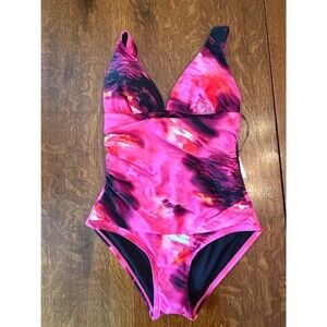 DKNY One-Piece Swimsuit Pink Abstract Floral Halter Tummy Control NWT Size M
